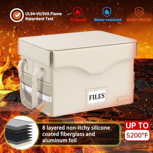 DocSafe 5200°F Fireproof Document Box with Lock,Heat Insulated File Organizer Storage with Pockets,Collapsible Portable Home Office File Safe Box with Handle for Hanging Letter/Legal Folders, Beige - Image 3