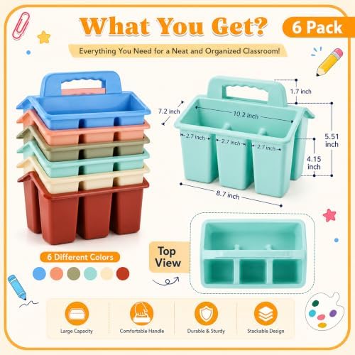 Plastic Classroom Caddy with Handle, 6 Pack 4-Compartment Teacher Supply Organizer, Stackable Desk Caddies for Pencils, Markers, Crayons, Art Craft Supplies, School Office Home, Modern Pastel Colors - Image 2