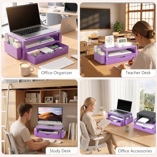 WALI Desk Organizer with Drawer and Pen Holder, 3 Tier Computer Monitor Stand for Home Office Supplies, Laptop Stand Riser for Computer, Laptop, Printer(PTT004-V), 1 Pack, Purple - Image 3