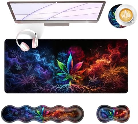 Large Keyboard Mouse Pad Set, Extended Mouse Pad+Keyboard Wrist Rest Support, Memory Foam Ergonomic Easy Typing, 4Pcs (31.5×11.8 in) Desk Pad Set for Office Home,Weed Leaf by Unknown