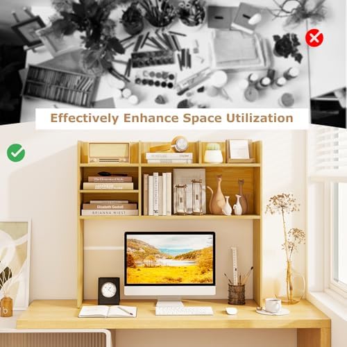 GOFLAME 6 Shelves Desktop Bookshelf, 37” Desk Hutch Dorm for Computer Monitor Up to 32”, 3-Tier Countertop Display Rack, Wood Desk Storage Organizer Shelf for Home Office, Study, Burlywood - Image 7