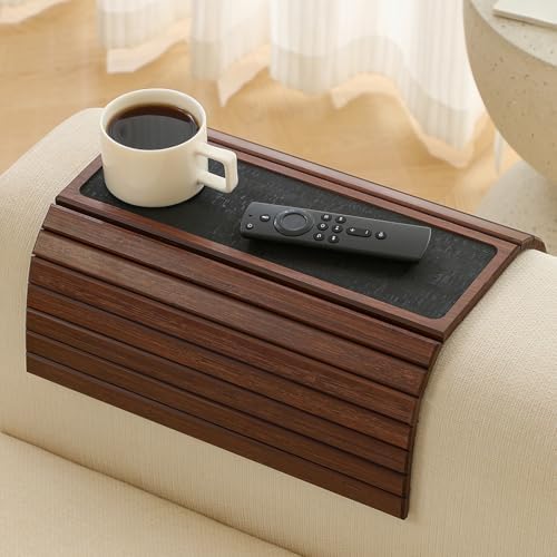 Bamboo Couch Arm Tray Table with Anti-Slip Cork Pad，Foldable Sofa Armrest Tray Table for Couch，Flexible Couch Arm Cup Holder，Portable Sofa Arm Chair Table for Drink, Snacks, Phone, Remote (Brown) - Image 2