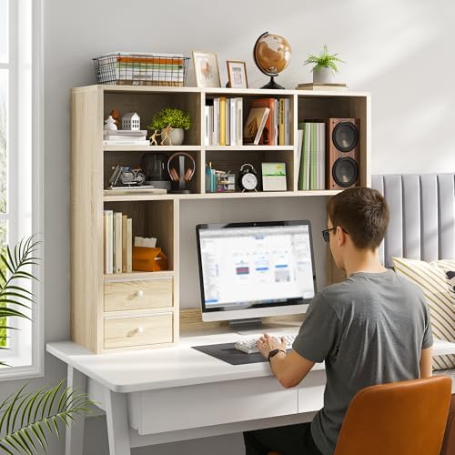 REIBII Desktop Bookshelf, 8 Shelves Desk Hutch for Dorm Room, Natural - Image 3
