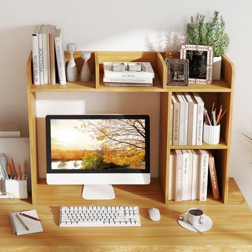 DREAMADE Desktop Bookshelf, 3-Tier Desk Shelf with 5 Racks, Burlywood - Image 2