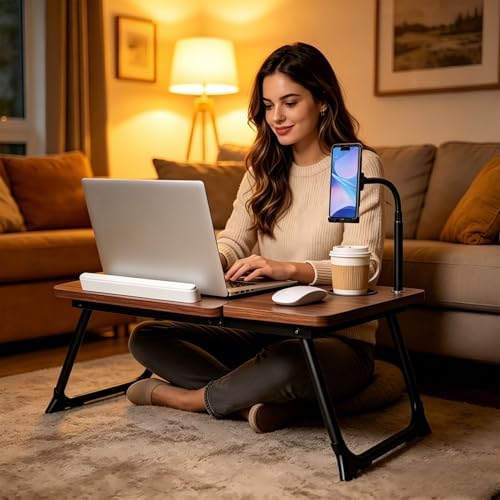 Foldable Lap Desk for Bed and Sofa, Portable Laptop Desk with Gooseneck Phone Stand, Cup Holder & Mouse Pad Extension, Extra Large Bed Desk Tray fits up to 17" Laptops (Walnut) - Image 3