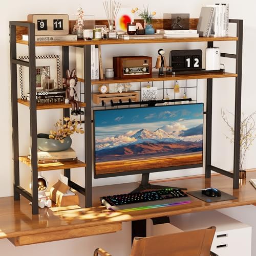 COCO DESIGN 4-Tier Desk Shelf, 38.6" Desktop Organizer Shelf with Grid Panel, Desk Hutch for Computer Monitor, Desktop Bookshelf Storage Rack for Home Office Wood Table Organizer Counter Shelf by COCO+DESIGN