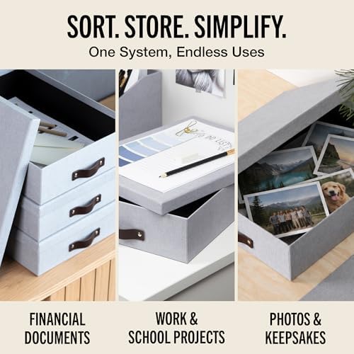 Bigso Oskar Canvas Fiberboard Document Letter Box - File Organizer Box for Important Paperwork - Document Storage with a Lid & Leather Handle - 3.3 in x 10.2 in x 13.8 in - 3 Pack - Ash - Image 6