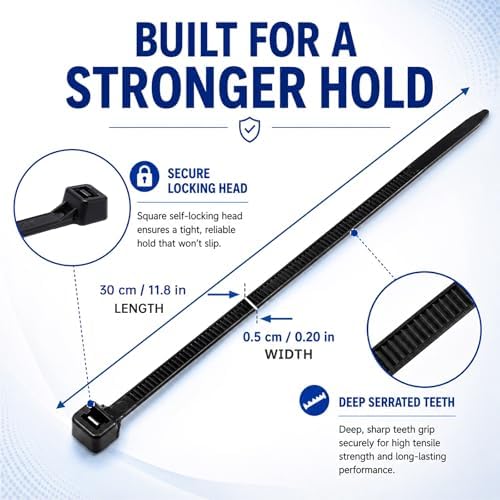 Zip Ties 12 inch, 1000 Pack Heavy Duty Black Zip Ties with 120 lbs Tensile Strength, Self-Locking Nylon Cable Ties,Wire Ties for indoor and outdoor use. - Image 2