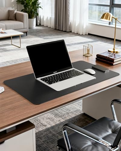 YSAGi Genuine Leather Desk Mat, 23.6"x13.8" Office Desk Pad, Thick Desk Pad Mat with Stitched Line, Non-Slip Desk Mat with Rubber Base (Black, 23.6"x13.8") - Image 2