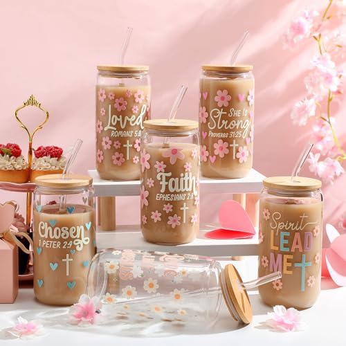6 Set Christian Glass Cups with Lids and Straw Bible Verse 16 oz - Image 2