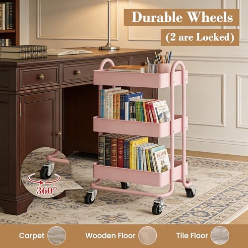 3 Tier Metal Rolling Cart, Utility Storage Cart Shelf Organizer with Wheels for Home & Office, Pink - Image 7