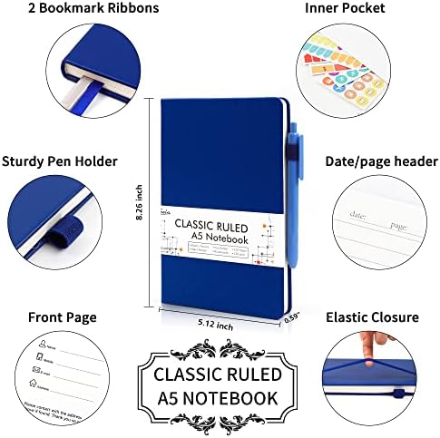 feela 5 Pack Journal Notebook Bulk for School, Hardcover Business Notebooks Classic Ruled Lined Journals with Pen Holder for Work Note Taking, with 5 Black Pens, 120 GSM, 5.1”x8.3”, A5, Navy - Image 2