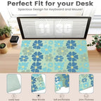 Retro Blue Floral Office Desk Mat 31.5" x 15.7" Desktop Mat PU Leather Large Mouse Pad White Mousepad Non-Slip Table Mat for Girls, Women, Home, Work, Computer, and Gaming - Image 3