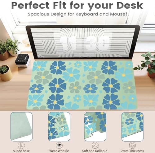 Retro Blue Floral Office Desk Mat 31.5" x 15.7" Desktop Mat PU Leather Large Mouse Pad White Mousepad Non-Slip Table Mat for Girls, Women, Home, Work, Computer, and Gaming - Image 3