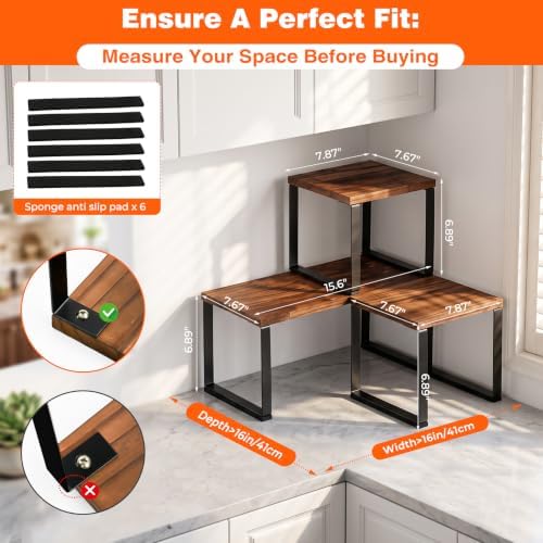 Countertop Organizer Corner Shelf, Wooden 2 Tier Stackable Kitchen Counter Shelves with Non-Slip Pads, Adjustable 3-Piece Desktop Corner Shelf for Desk, Kitchen, Bathroom, Coffee Corner - Image 2