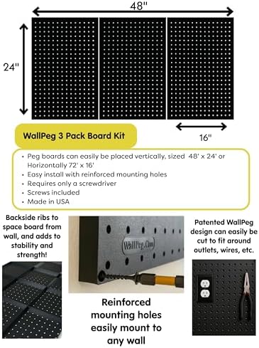 WallPeg Pegboard Kit - 3 ea. 24"x16" Black Peg Boards Panels - Made in USA - Image 4