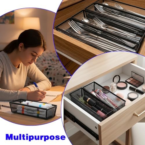 10 Packs Black Mesh Drawer Organizers 9 x 3 x 2 Inches Silverware Mesh Drawer Organizer with Interlocking Arm for Kitchen Drawers for Flatware Knives Spoons Fork Cosmetic Tabletop Storage Tray - Image 7