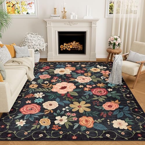 DUKINO 5x7 Area Rugs, Floral Washable Rug for Living Room Non Slip, Black by DUKINO