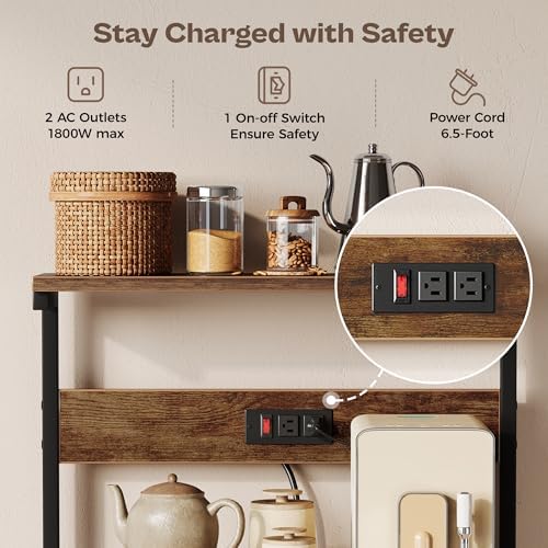 SUPERJARE Kitchen Bakers Rack with Power Outlet, Coffee Bar Table 4 Tiers, Kitchen Microwave Stand with 6 S-shaped Hooks, Storage Shelf Rack for Spices, Pots and Pans - Rustic Brown - Image 4