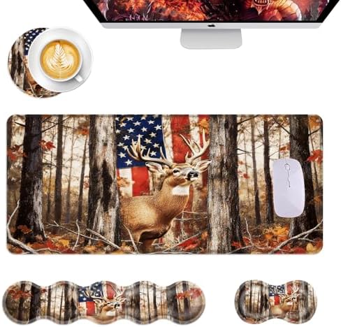 Mouse Pad,Large Desk Mat Set, 4in1 XL Mousepad + Keyboard Wrist Rest+Mouse Wrist Rest+Coaster with Ergonomic Desk Pad for Home Office Table Computer Cover -American Flag and Deer by Unknown
