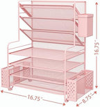 Simple Trending 7 Tier Desk File Organizer, Letter Tray Paper Organizer with Pen Holder and Metal Hanging Basket, Pink - Image 3