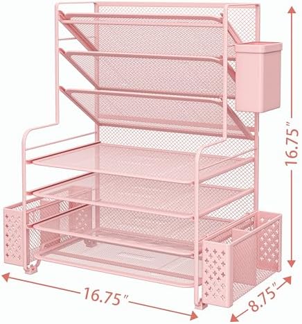 Simple Trending 7 Tier Desk File Organizer, Letter Tray Paper Organizer with Pen Holder and Metal Hanging Basket, Pink - Image 3