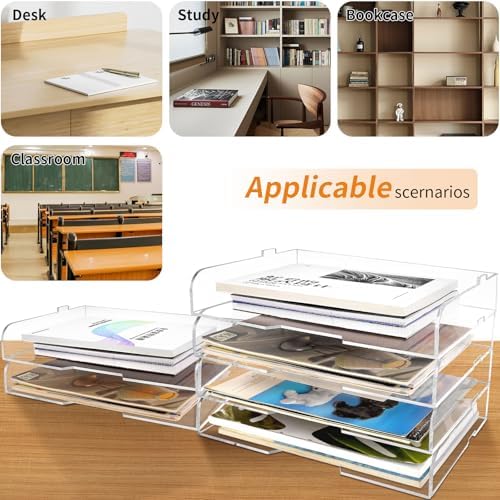 4 Pack- Stackable Paper Letter Tray,Clear Acrylic Magazine Holder and File Organizer - Sleek Desk Organizer for Home Office, Bookshelf, or Workspace - Space-Saving Transparent Document Holder - Image 5