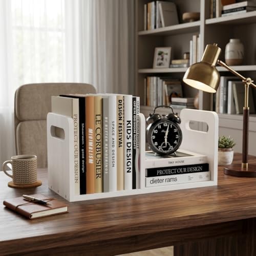 100% Solid Wood Adjustable Desktop Bookshelf With Movable Divider, Retro Tabletop Bookshelf With Convenient Handle Design for Living Room, Home, Office, Perfect for Magazines, Books, Files (White) - Image 6