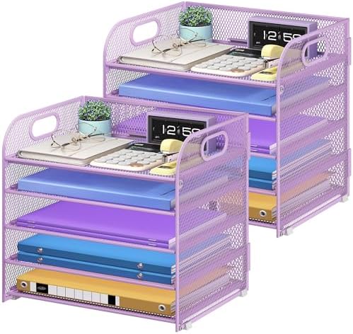 Cawukege 2 Pack 5 Tier Paper Organizer, Letter Tray with Handle, Mesh Desk Organizer, Metal File Organizer, Office Desk Accessories for Home, Office, Classroom, School -Purple by Cawukege