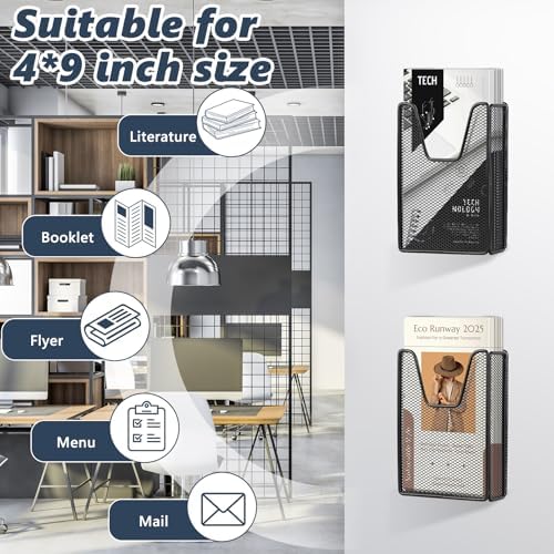 4 Pack Brochure Holder Wall Mount Hold 4 x 9 Inches Pamphlet Holders Display Stand Iron Mesh Hanging Pamphlet Holder Black With Suction Cups for Magazine Booklet Postcard Literature Flyer Menu Mail - Image 5