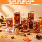 12 Pcs Fall Glass Cups with Lids and Straws 16 oz Autumn Pumpkin Leaves Coffee Tumblers Cozy Fall Drinking Cups Aesthetic Thanksgiving Gifts Bulk for Women Her Adults Party Favors - Image 4
