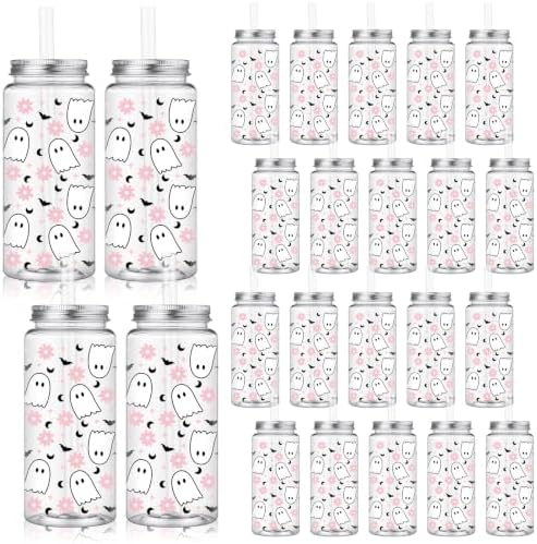 Meanplan Halloween Plastic Cups with Lids and Straws 14 oz Pink Ghost by Meanplan