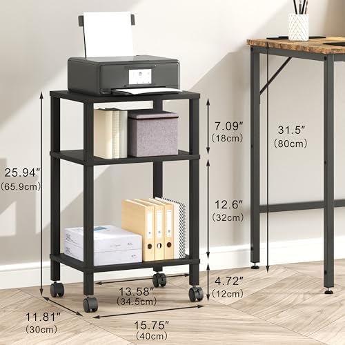 3-Tier Printer Stand with Storage, Mobile Printer Cart with Rolling Casters and Adjustable Feet, Under Desk Storage Shelf for Home Office, Small Printers,Black, 15.7" x 11.8" x 25.9" - Image 3