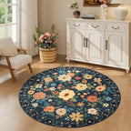 DUKINO 4ft Round Rug, Floral Washable Small Round Area Rug, Navy Blue by DUKINO