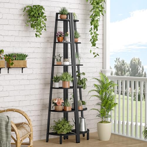 Hoctieon Corner Shelf, 6-Tier Corner Bookshelf, Rustic Ladder Shelf, Industrial Display Stand for Living Room, Kitchen, Home Office, Balcony, Small Space, Metal Frame, Black - Image 6