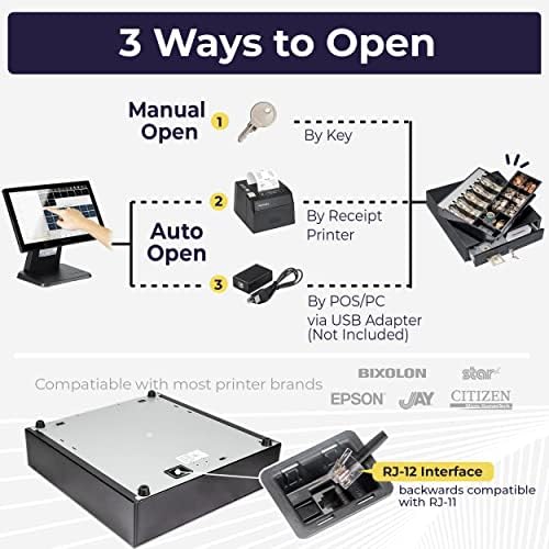 Volcora Cash Register Drawer for Point of Sale (POS) System with Fully Removable 2 Tier Cash Tray, 5 Bill/8 Coin, 12-24V, RJ11/RJ12 Key-Lock, Double Media Slot, Black - Image 4