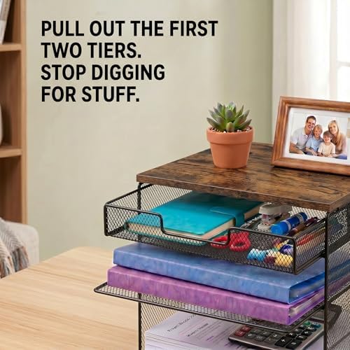 4-Tier Mesh Desk Organizer and Accessories with Drawer Wooden Top Desktop Organizers Letter Tray Paper Organizer File Holder for Home Office School Black - Image 5