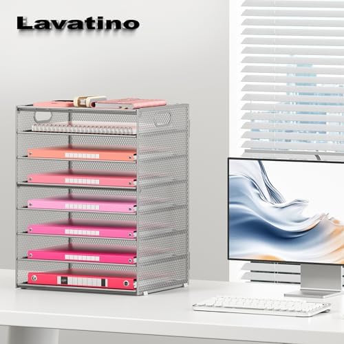 Lavatino 2 Pack 8-Tier Office Desk File Organizer, Letter Tray Paper Organizer with Handle, Including 5 Adjustable Slide Trays for Organizing Desk Workspace Accessories and Supplies (Silver Mesh) - Image 7