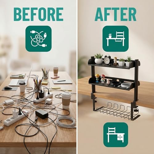 Clamp On Desk Shelf, 17'' 2-Tier Desktop Organizer Shelf with Under-Desk Hidden Storage Basket, Heavy-Duty Desk Shelves for Top of Desk, Space-Saving Desk Storage for Home Office Gaming Setup (Black) - Image 5