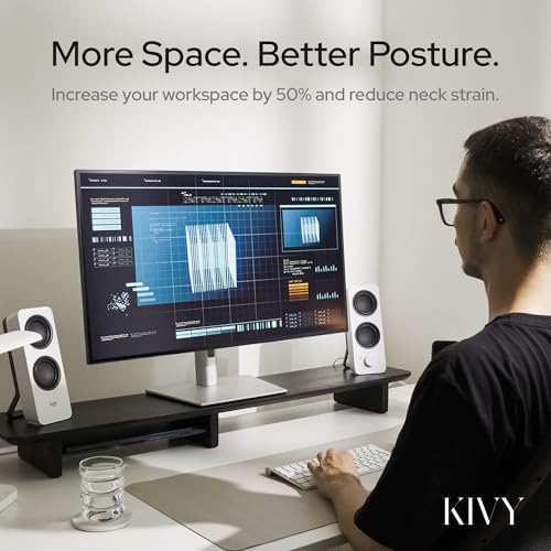 KIVY Dual Monitor Riser With Integrated Metal Shelf - Wooden Desk Shelf - Image 3