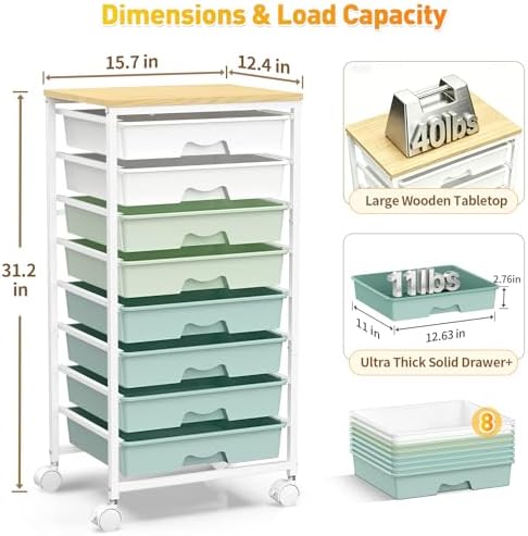 SUNALLY Rolling Cart With 8 Drawers,Storage Drawer Cart for Craft Art,Green - Image 2