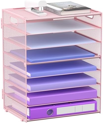 8 Tier Paper Letter Tray Organizer with Handles for Desk (Pink) by GoldOrcle
