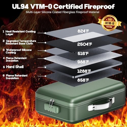 Fireproof Document Box, Hard Case Highly Flame-Resistant Fire Proof Waterproof File Organizer with Lock, Portable Fire Safe for Important Documents & Valuables Storage (Green, ‎16"*12"*5") - Image 2