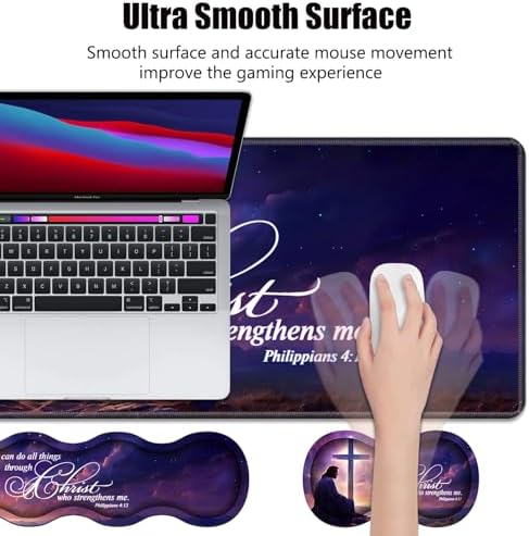 4 in 1 Ergonomic Memory Foam Mouse Pad Wrist Rest Set, Large XXL Gaming Desk Pad + Keyboard Wrist Rest + Mouse Wrist Cushion + Coaster for Home Office Study Gaming, Bible Verse Philippians 4:13 - Image 3