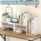 X-cosrack Adjustable Desk Shelves for Storage, Desktop Bookshelf with 3 Drawers, White Wood Desk Shelf for Top of Desk, Corner Desktop Organizer for Women Office - Image 5