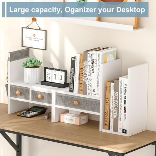 X-cosrack Adjustable Desk Shelves for Storage, Desktop Bookshelf with 3 Drawers, White Wood Desk Shelf for Top of Desk, Corner Desktop Organizer for Women Office - Image 5