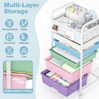 5 Drawer Rolling Storage Cart with Pegboard Top and Hooks, Ice Cream - Image 3