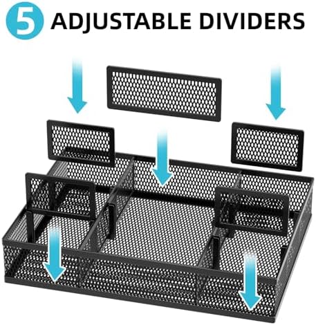 Marbrasse 2 Pack Desk Drawer Organizer, Mesh Drawer Organizer Tray with 8 Adjustable Compartments, Desk Organizers and Accessories, 5 Dividers Drawer for Office Supplies, Makeup & Vanity (Black-2P) - Image 2