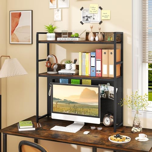 Desk Hutch, 37" Desktop Bookshelf with Pegboard, Countertop Storage Hutch for Computer Monitor, 2-Tier Desk Display Rack, Desktop Organizer Shelf for Dorm Home Office, Rustic Brown - Image 7