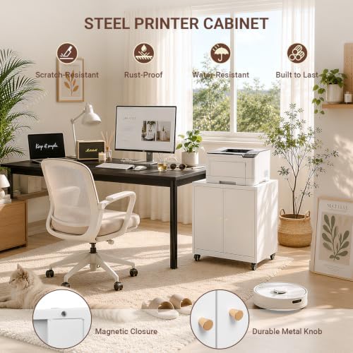 23.6" H Metal Printer Stand with Storage Cabinet & Wheels - Image 5